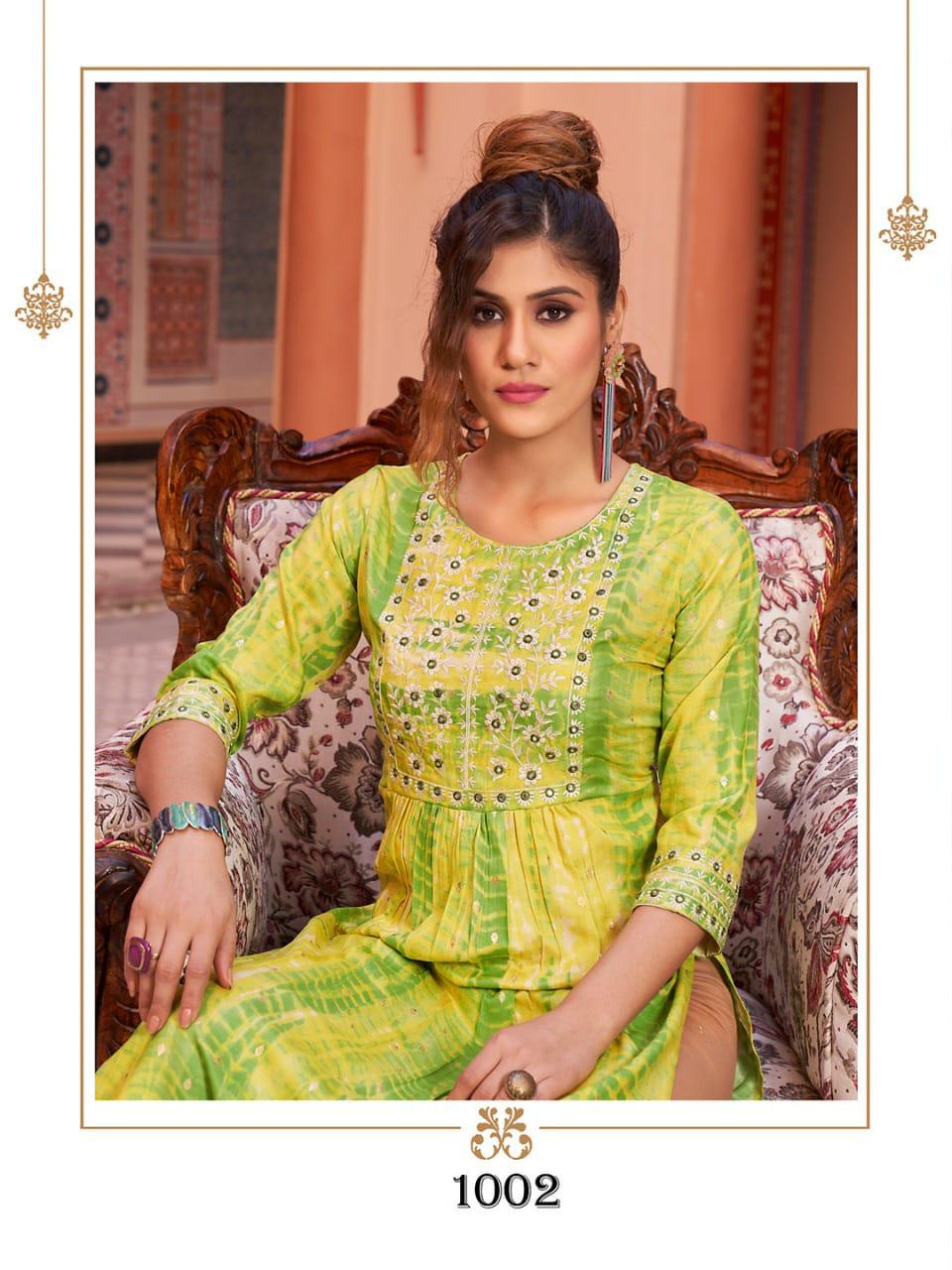 Hirwa Shibori Naira Cut Festive wear Wholesale Embroidery Designer Kurtis
